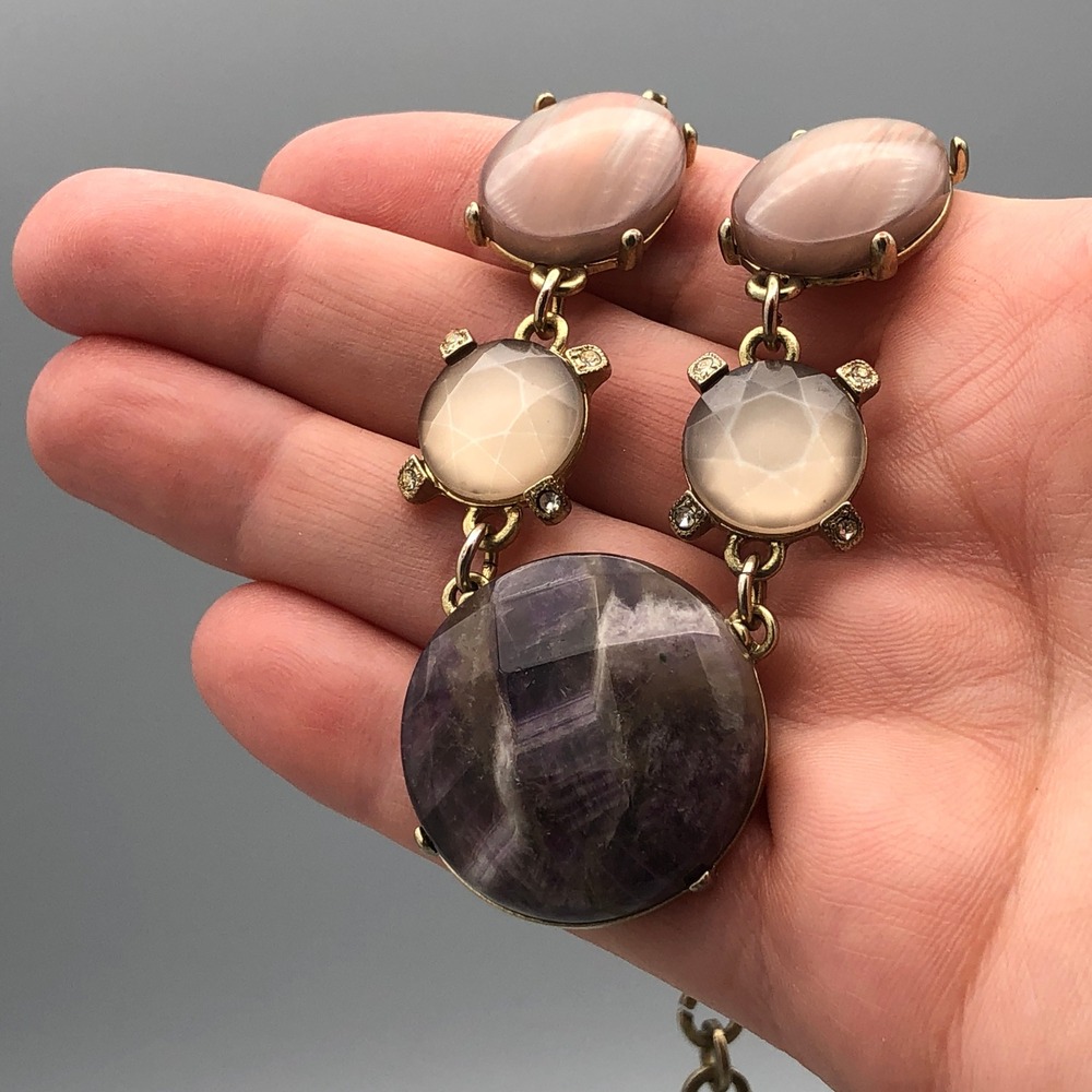 Amethyst Necklace Chunky Faceted Purple Stone Pink Chatoyant Resin Cabochons 30" - Picture 6 of 10